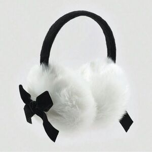 Kawaii White Faux Fur Earmuffs with black bow